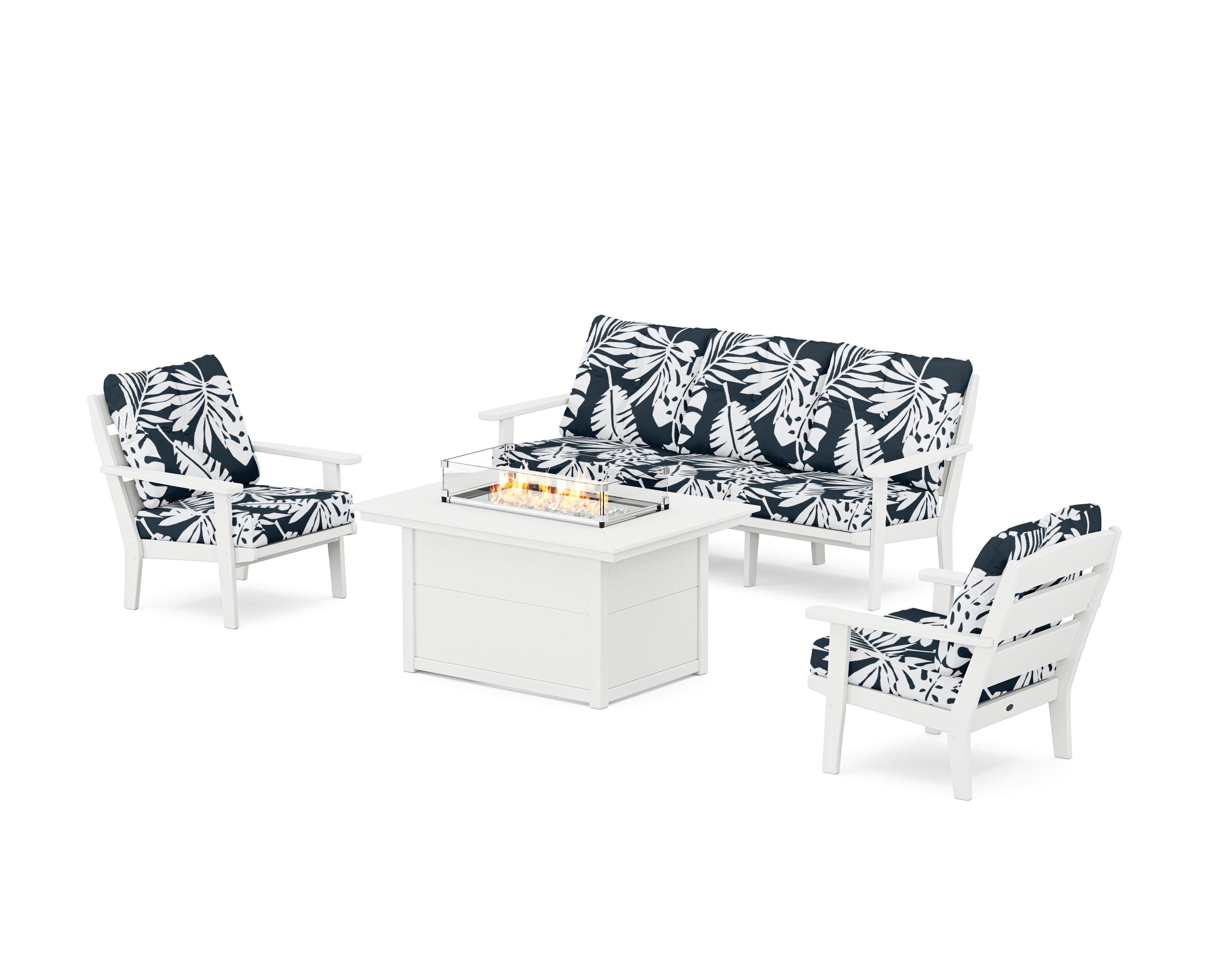 POLYWOOD® Lakeside Deep Seating Fire Pit Table Set in White / Leaf Marine Indigo