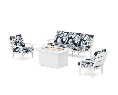 POLYWOOD® Lakeside Deep Seating Fire Pit Table Set in White / Leaf Marine Indigo