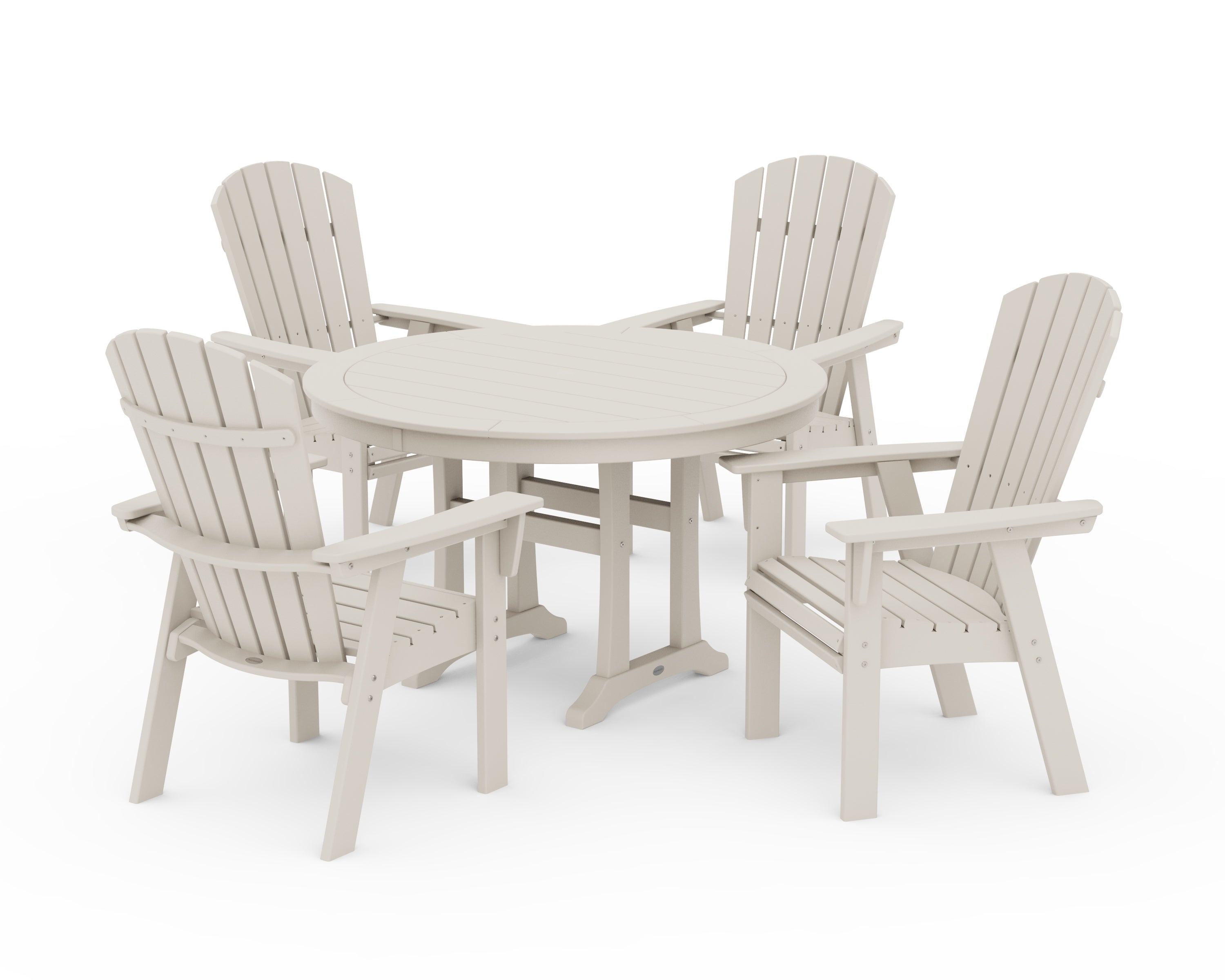 POLYWOOD® Nautical Curveback Adirondack 5-Piece Round Dining Set with Trestle Legs in Sand