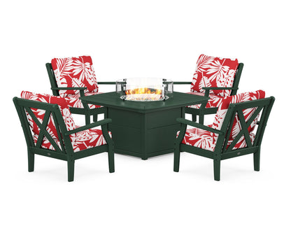 POLYWOOD® Braxton 5-Piece Deep Seating Conversation Set with Fire Pit Table in Green / Leaf Crimson