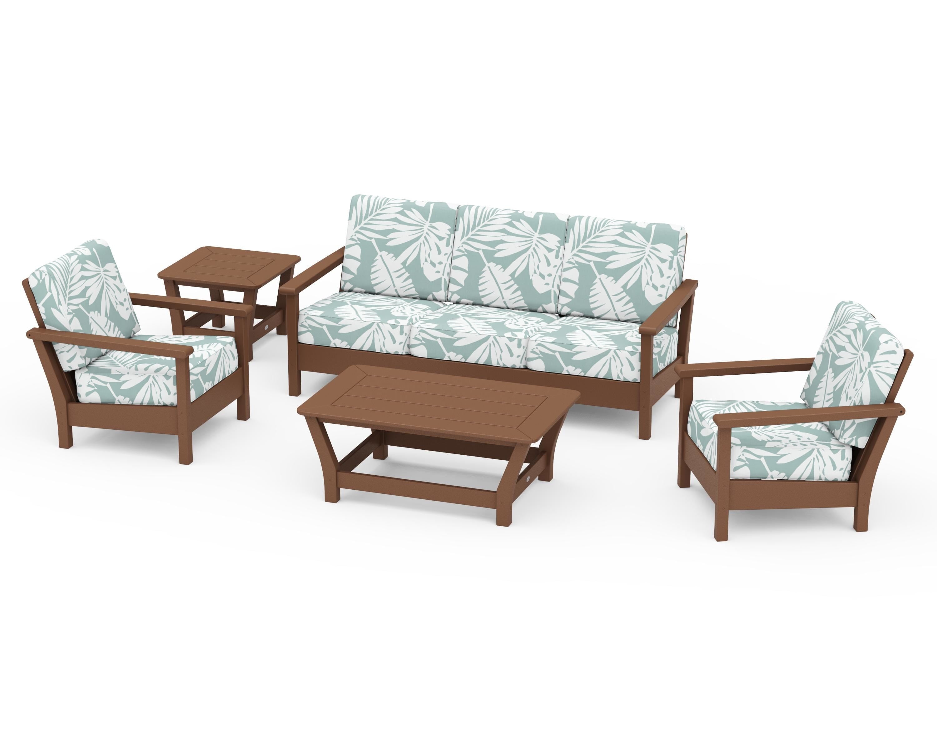 POLYWOOD® Harbour 5-Piece Deep Seating Set in Teak / Leaf Glacier Spa