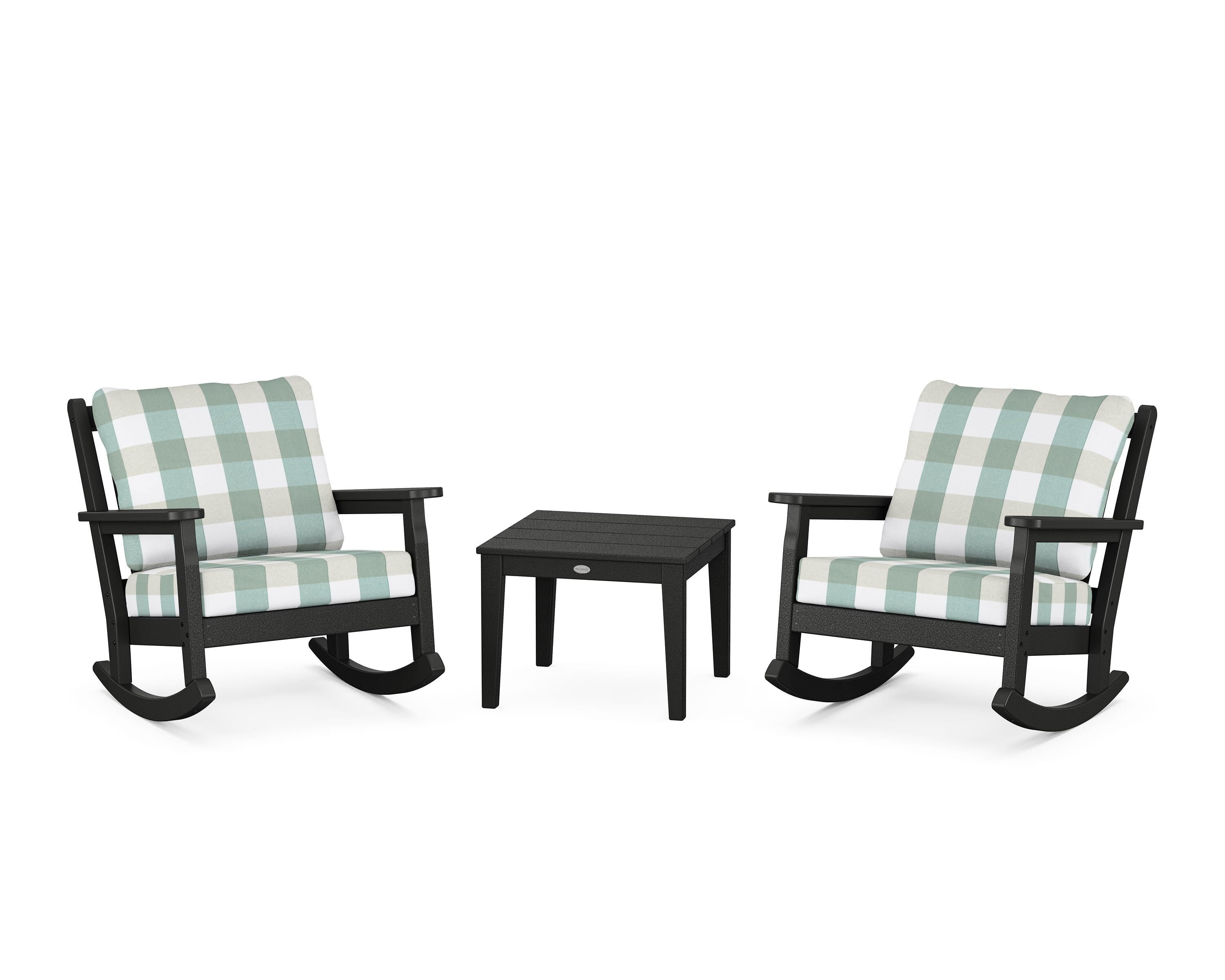 POLYWOOD® Chippendale 3-Piece Deep Seating Rocker Set in Black / Buffalo Plaid Glacier Spa