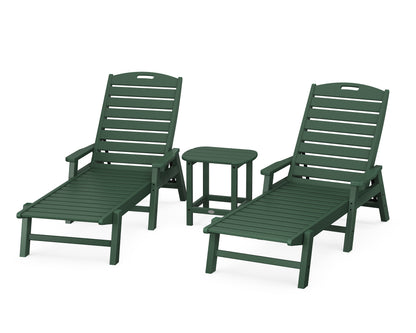 POLYWOOD® Nautical 3-Piece Chaise Lounge with Arms Set with South Beach 18" Side Table in Green