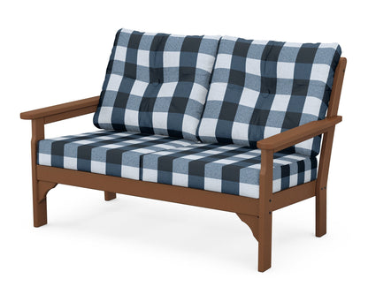 POLYWOOD® Vineyard Deep Seating Loveseat in Teak / Buffalo Plaid Marine Indigo