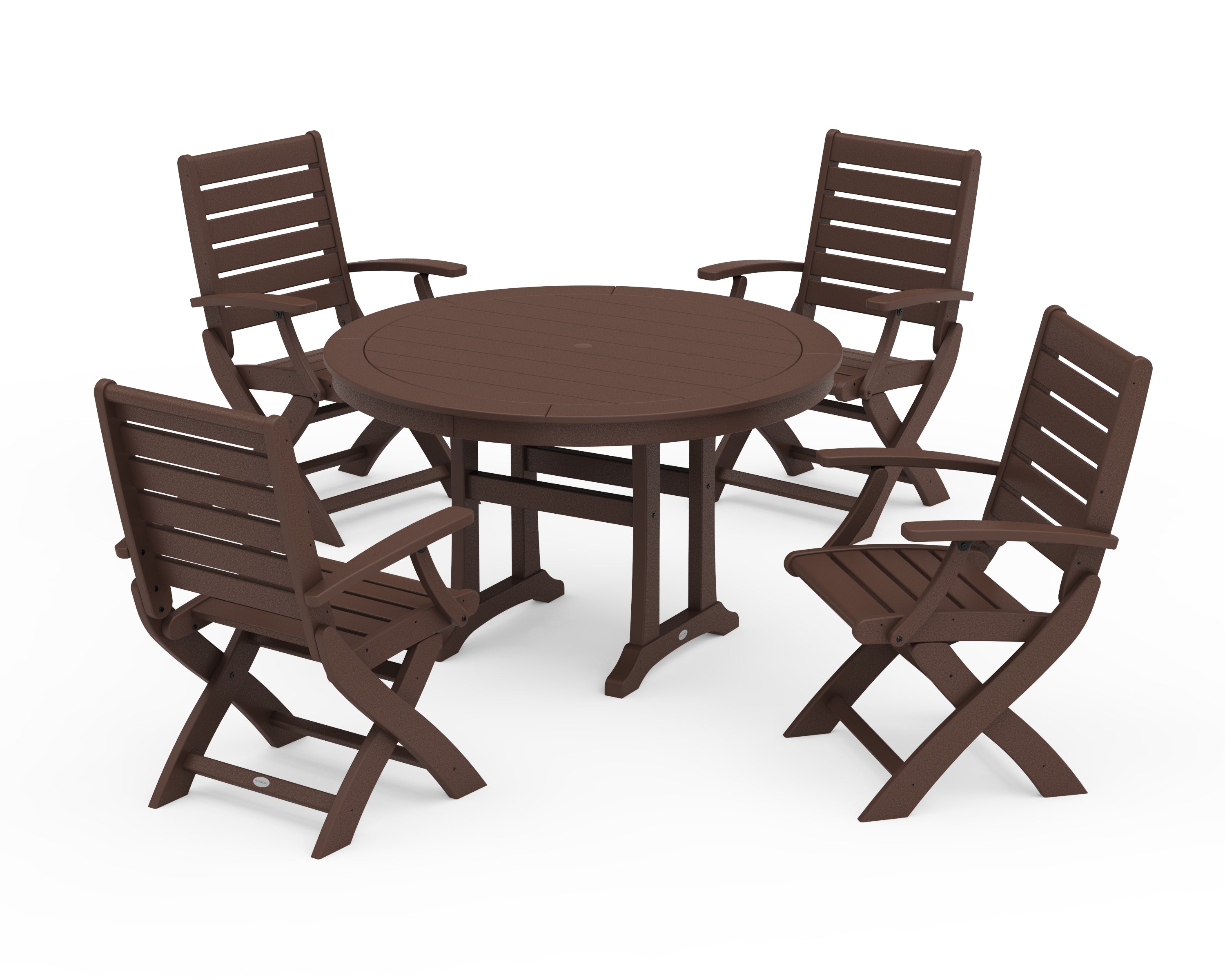 POLYWOOD® Signature Folding Chair 5-Piece Round Dining Set with Trestle Legs in Mahogany