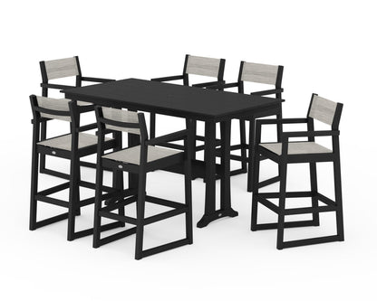 POLYWOOD® EDGE Sling Arm Chair 7-Piece Farmhouse Bar Set with Trestle Legs in Black / Birch Sling