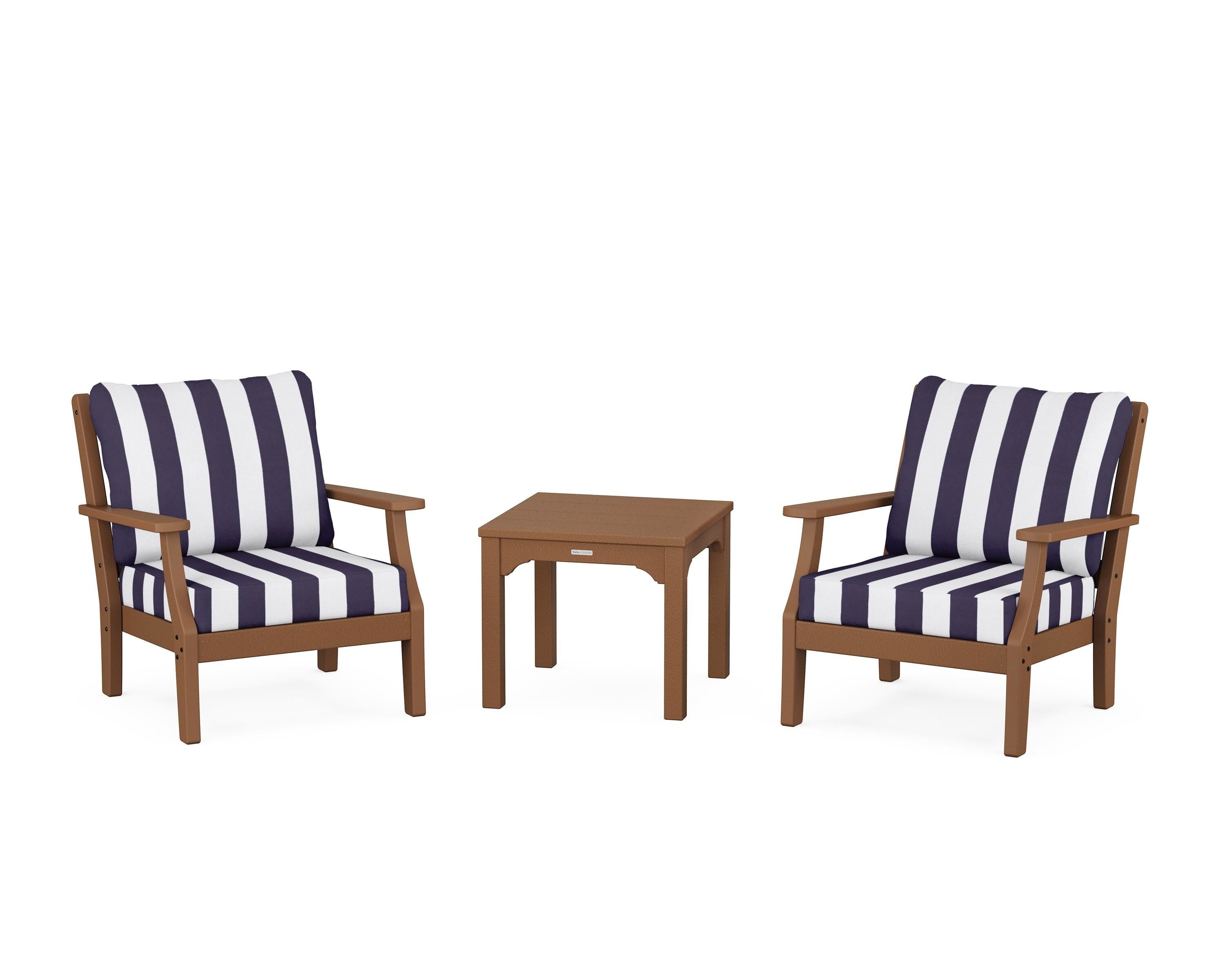 Martha Stewart by POLYWOOD® Chinoiserie 3-Piece Deep Seating Set in Teak / Cabana Stripe Navy