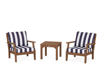 Martha Stewart by POLYWOOD® Chinoiserie 3-Piece Deep Seating Set in Teak / Cabana Stripe Navy