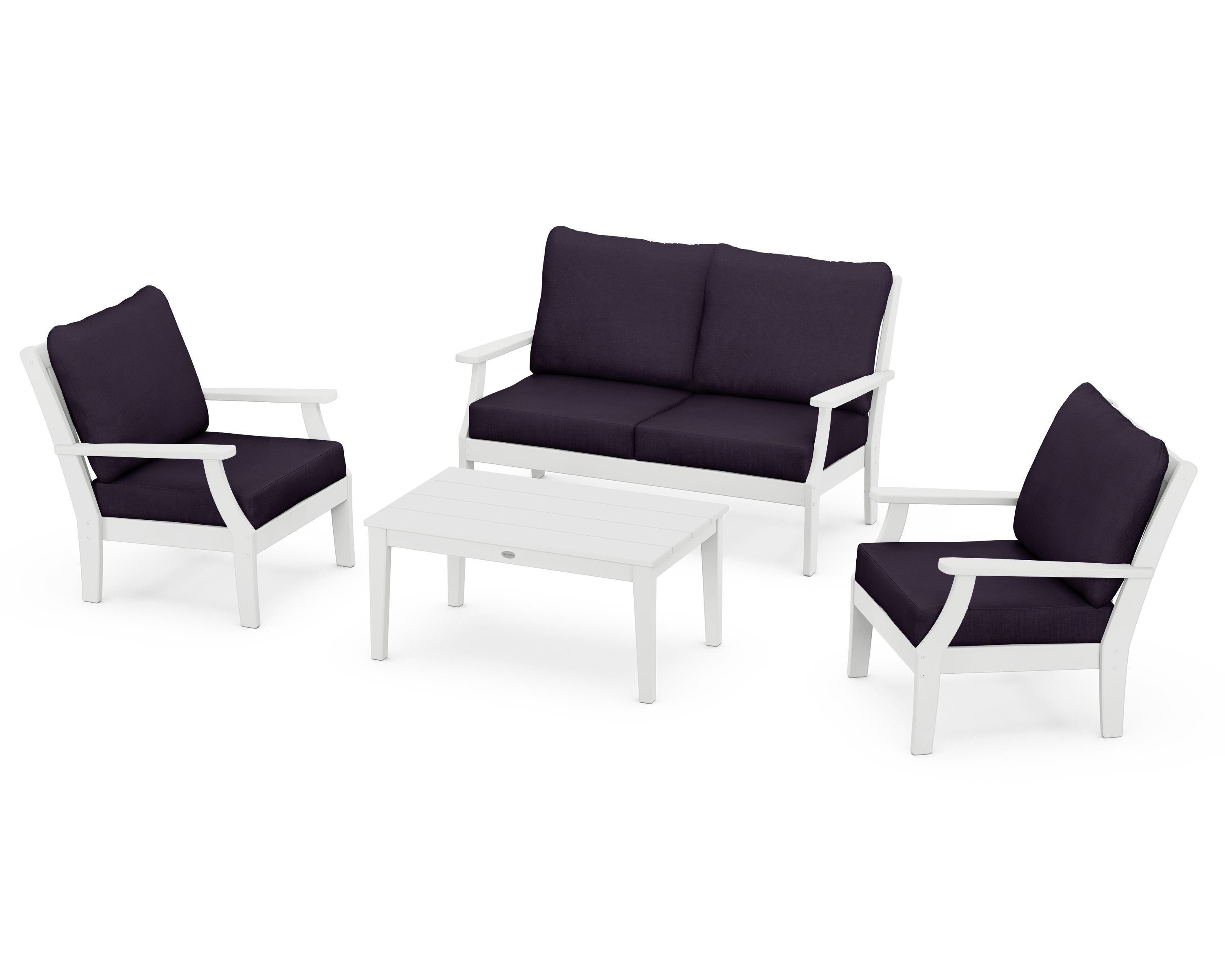 POLYWOOD® Braxton 4-Piece Deep Seating Chair Set in White / Navy Linen