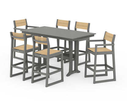POLYWOOD® EDGE Sling 7-Piece Farmhouse Bar Set with Trestle Legs in Slate Grey / Dupioni Apricot Sling