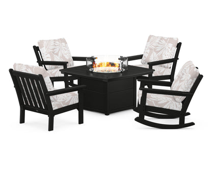 POLYWOOD® Vineyard 5-Piece Deep Seating Rocking Chair Conversation Set with Fire Pit Table in Black / Leaf Dune Burlap