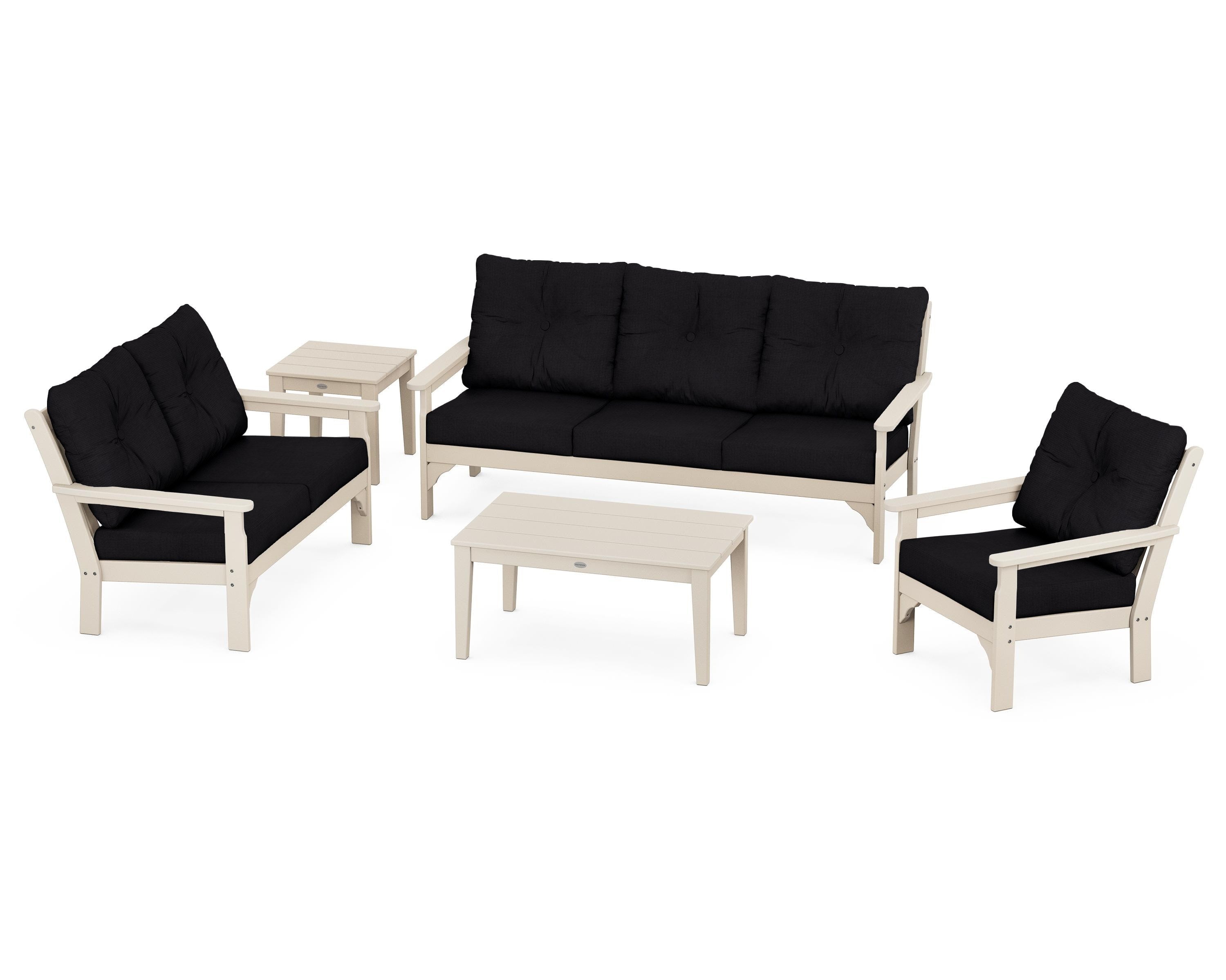 POLYWOOD® Vineyard 5 Piece Deep Seating Set in Sand / Midnight Linen