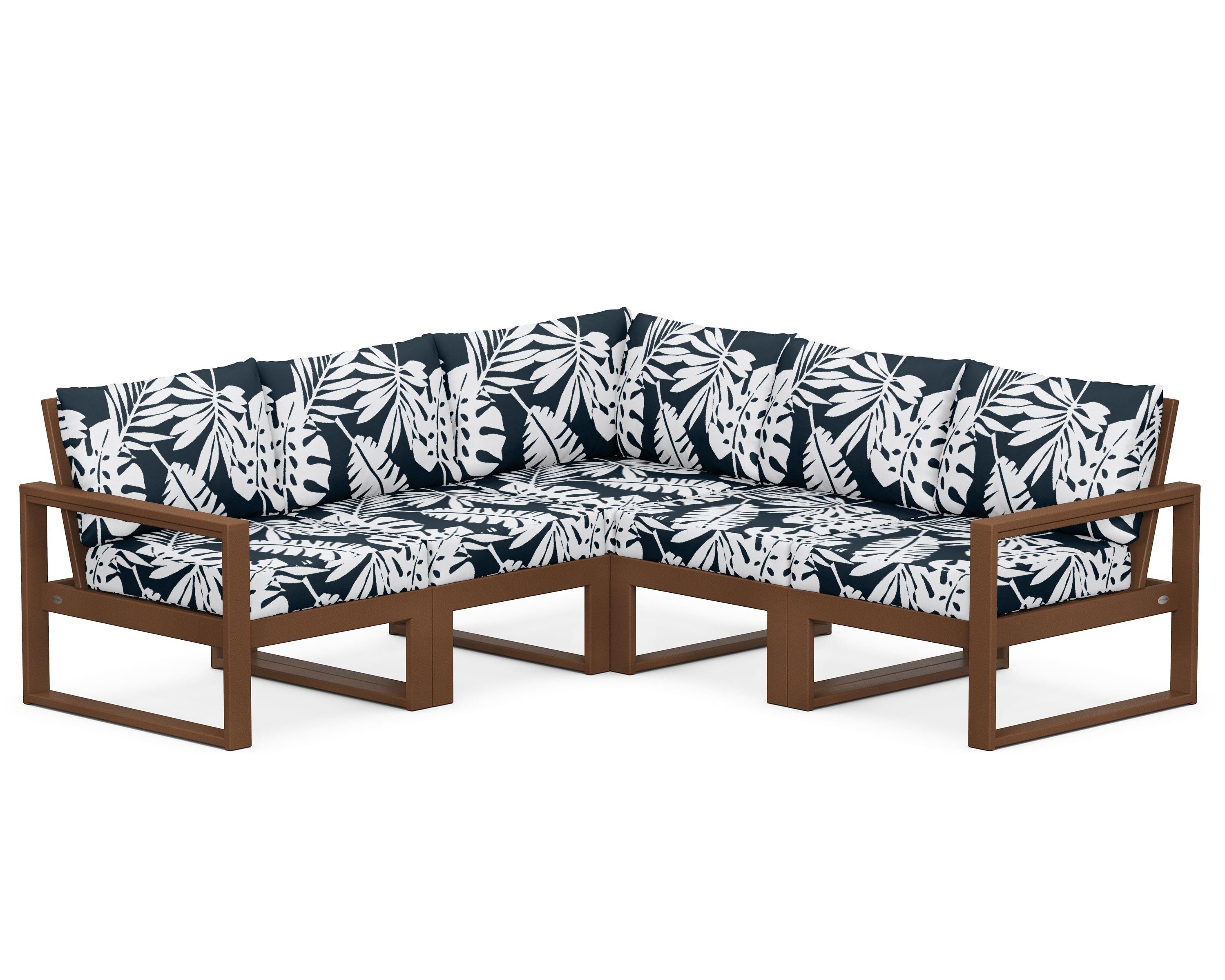 POLYWOOD® EDGE 5-Piece Modular Deep Seating Set in Teak / Leaf Marine Indigo