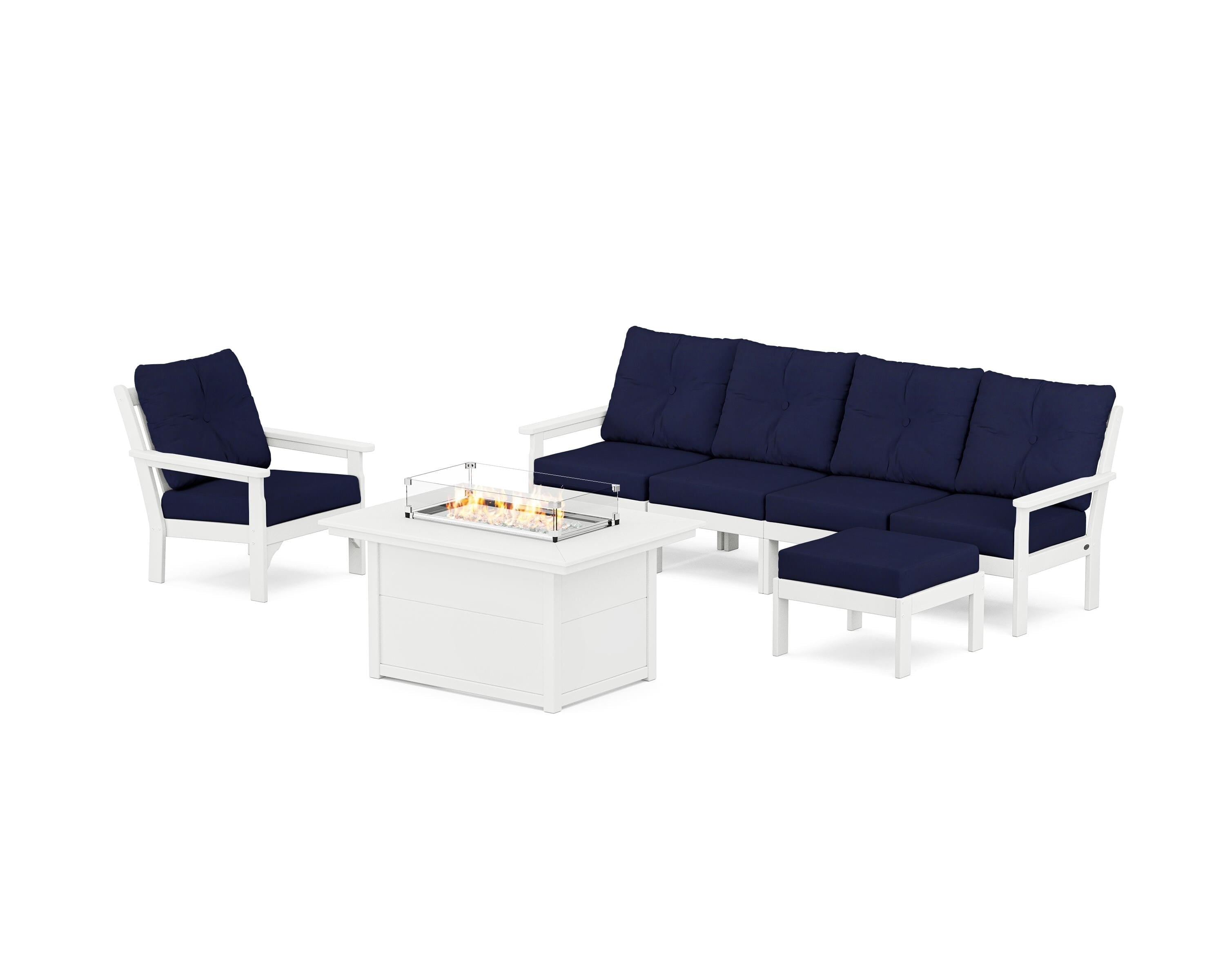 POLYWOOD® Vineyard Sectional Lounge and Fire Pit Set in White / Navy