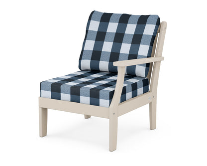 POLYWOOD® Braxton Modular Right Arm Chair in Sand / Buffalo Plaid Marine Indigo