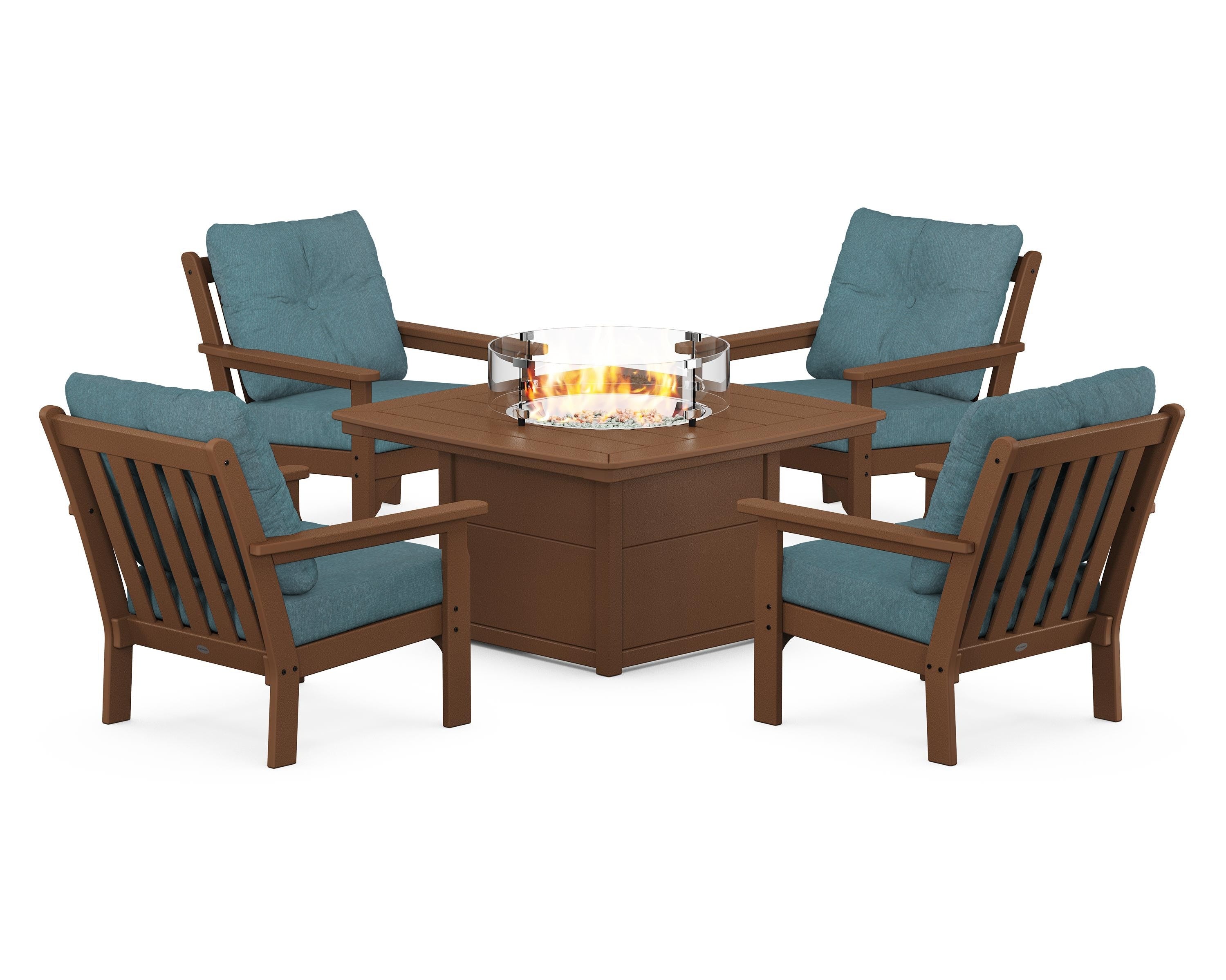 POLYWOOD® Vineyard 5-Piece Conversation Set with Fire Pit Table in Teak / Ocean Teal