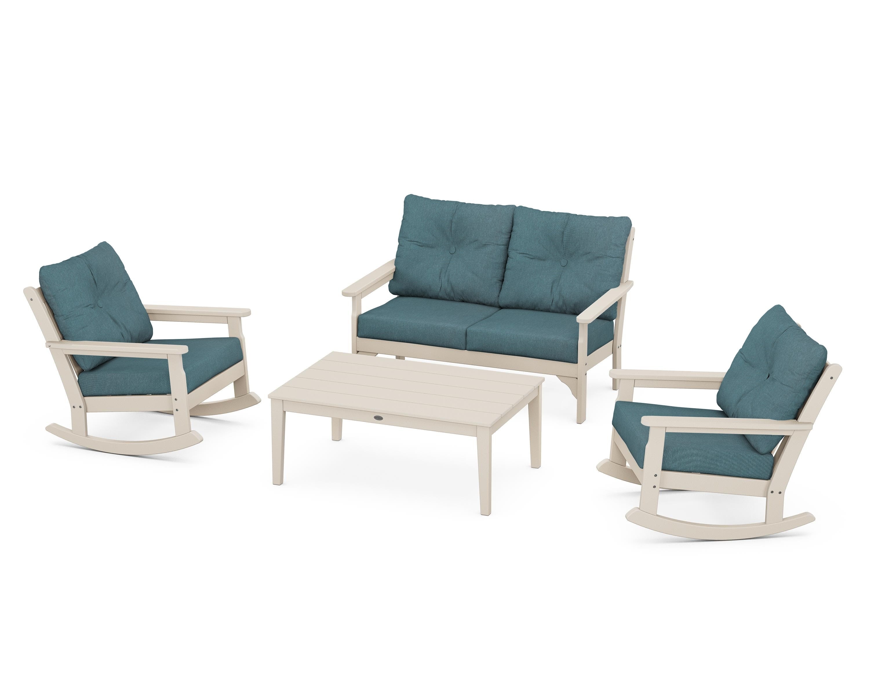 POLYWOOD® Vineyard 4-Piece Deep Seating Rocking Chair Set in Sand / Ocean Teal