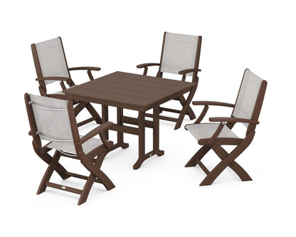 POLYWOOD® Coastal Folding Chair 5-Piece Farmhouse Dining Set in Mahogany / Parchment Sling