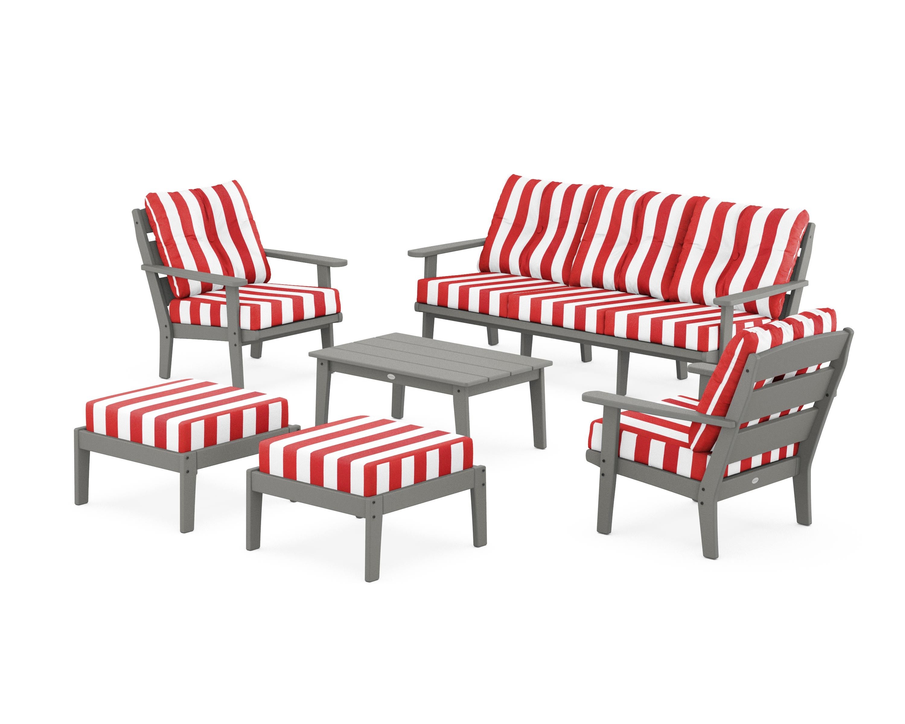 POLYWOOD® Lakeside 6-Piece Lounge Sofa Set in Slate Grey / Cabana Stripe Crimson