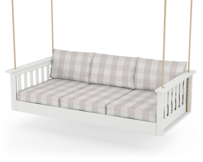 POLYWOOD® Vineyard Daybed Swing in White / Buffalo Plaid Dune Burlap