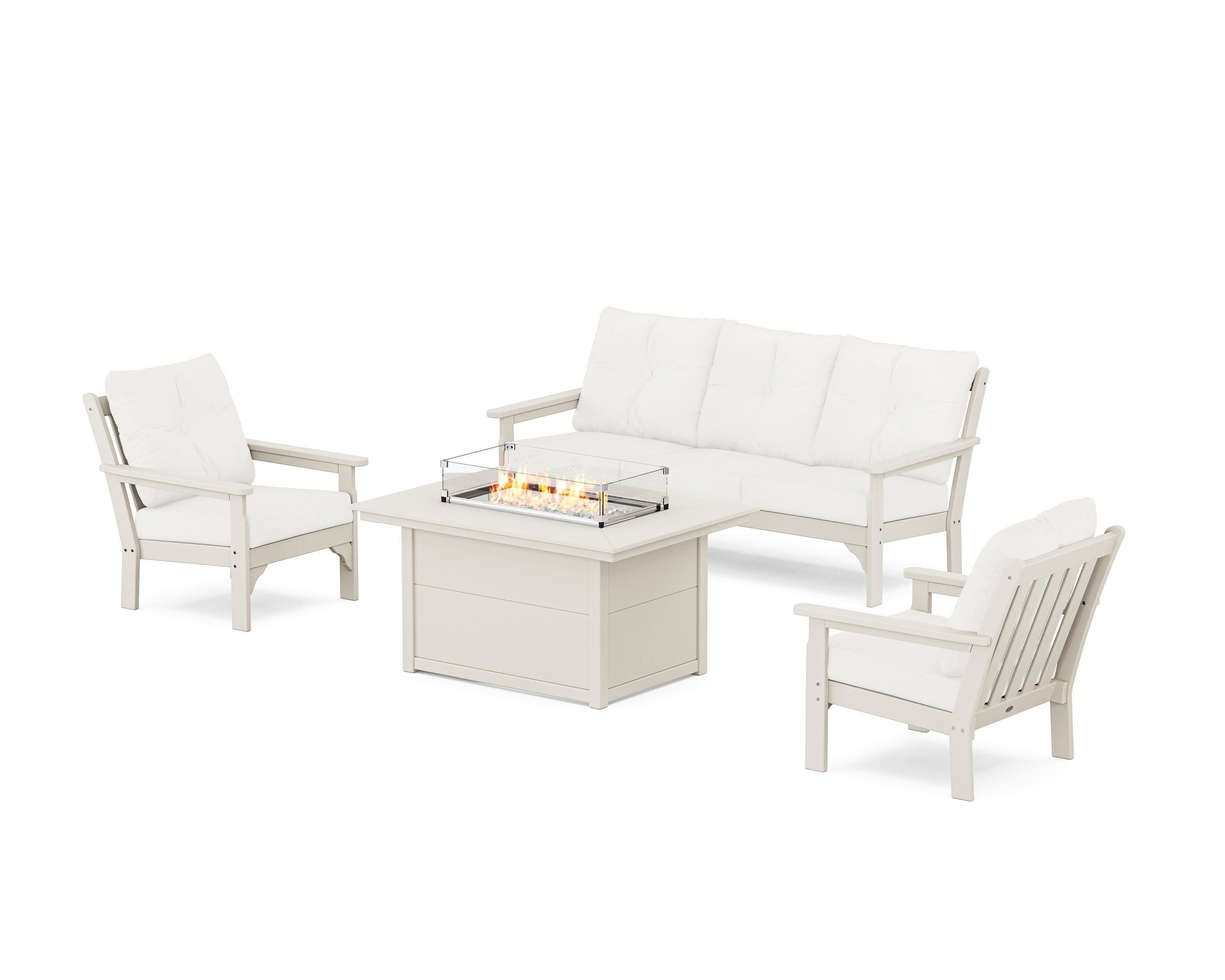 POLYWOOD® Vineyard Deep Seating Fire Pit Table Set in Sand / Natural Linen