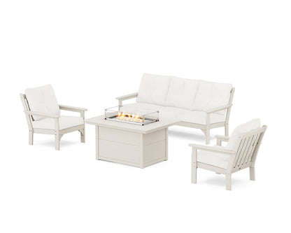 POLYWOOD® Vineyard Deep Seating Fire Pit Table Set in Sand / Natural Linen