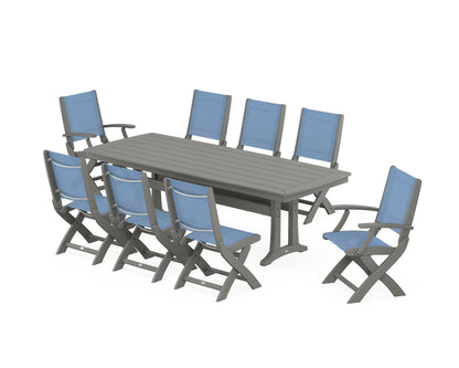 POLYWOOD® Coastal Folding 9-Piece Dining Set with Trestle Legs in Slate Grey / Poolside Sling