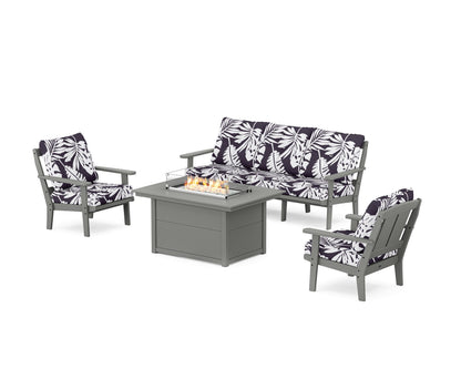 POLYWOOD® Mission Deep Seating Fire Pit Table Set in Slate Grey / Leaf Navy