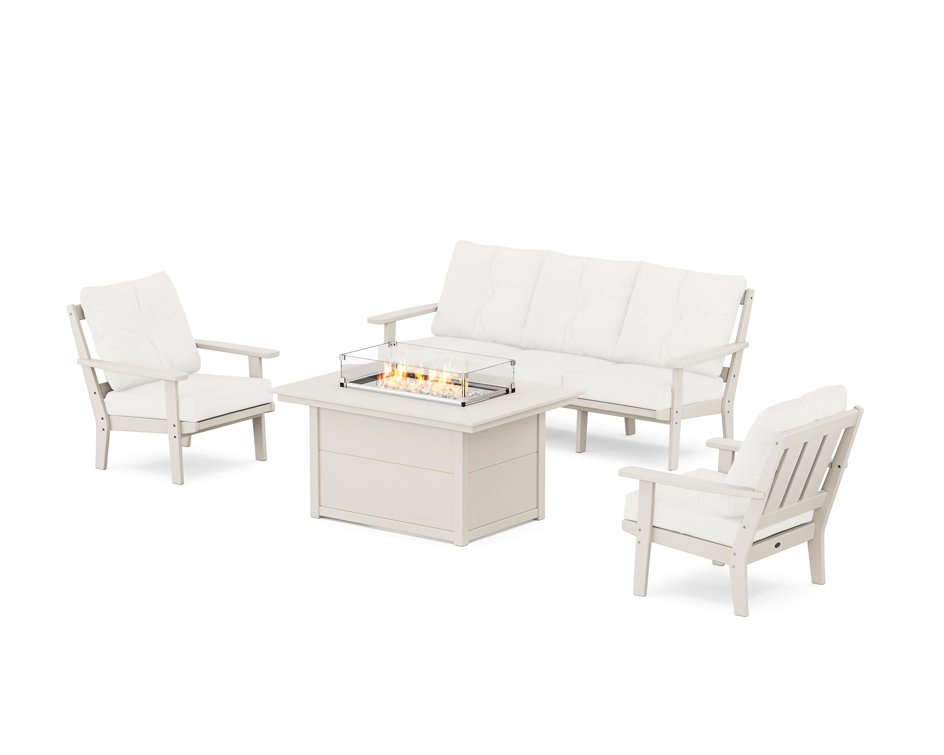 POLYWOOD® Oxford Deep Seating Fire Pit Table Set in Sand / Natural Linen