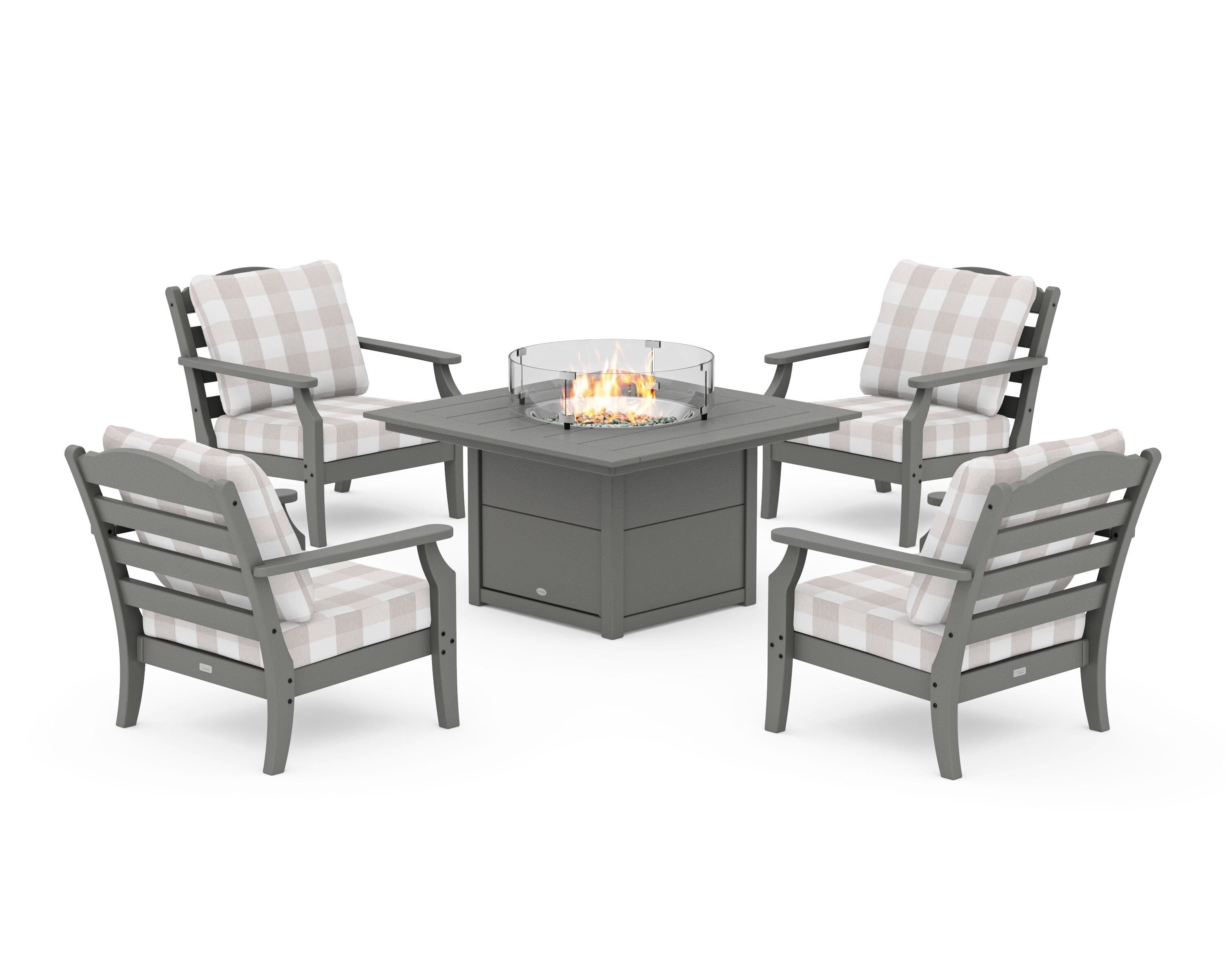 Draper James™ by  POLYWOOD® Savannah 5-Piece Deep Seating Set with Fire Pit Table in Slate Grey / Buffalo Plaid Dune Burlap