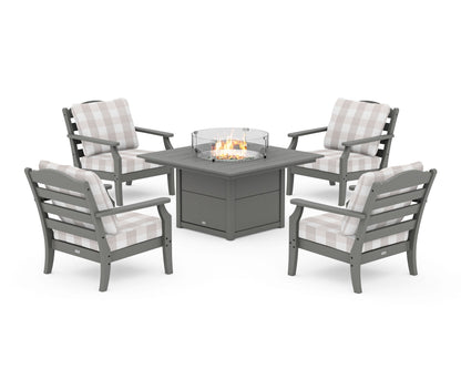 Draper James™ by  POLYWOOD® Savannah 5-Piece Deep Seating Set with Fire Pit Table in Slate Grey / Buffalo Plaid Dune Burlap