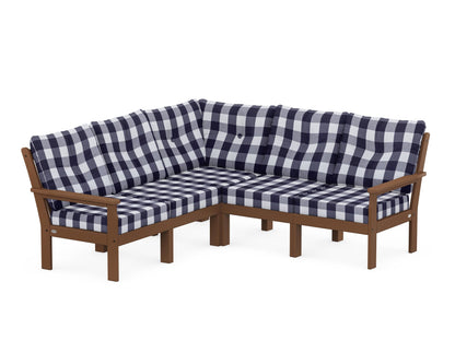 POLYWOOD® Vineyard 5-Piece Sectional in Teak / Buffalo Plaid Navy