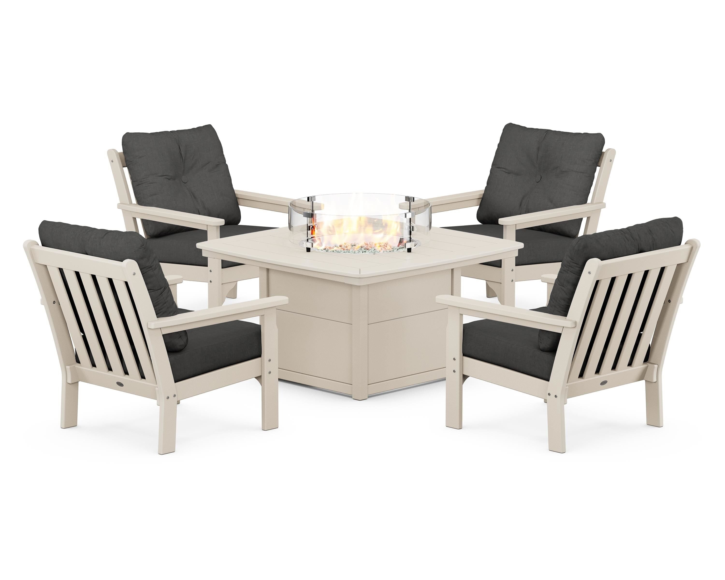 POLYWOOD® Vineyard 5-Piece Conversation Set with Fire Pit Table in Sand / Spectrum Carbon