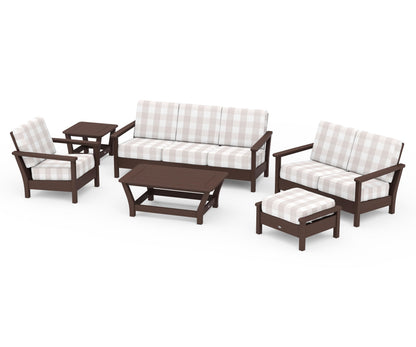 POLYWOOD® Harbour 6-Piece Outdoor Living Set in Mahogany / Buffalo Plaid Dune Burlap