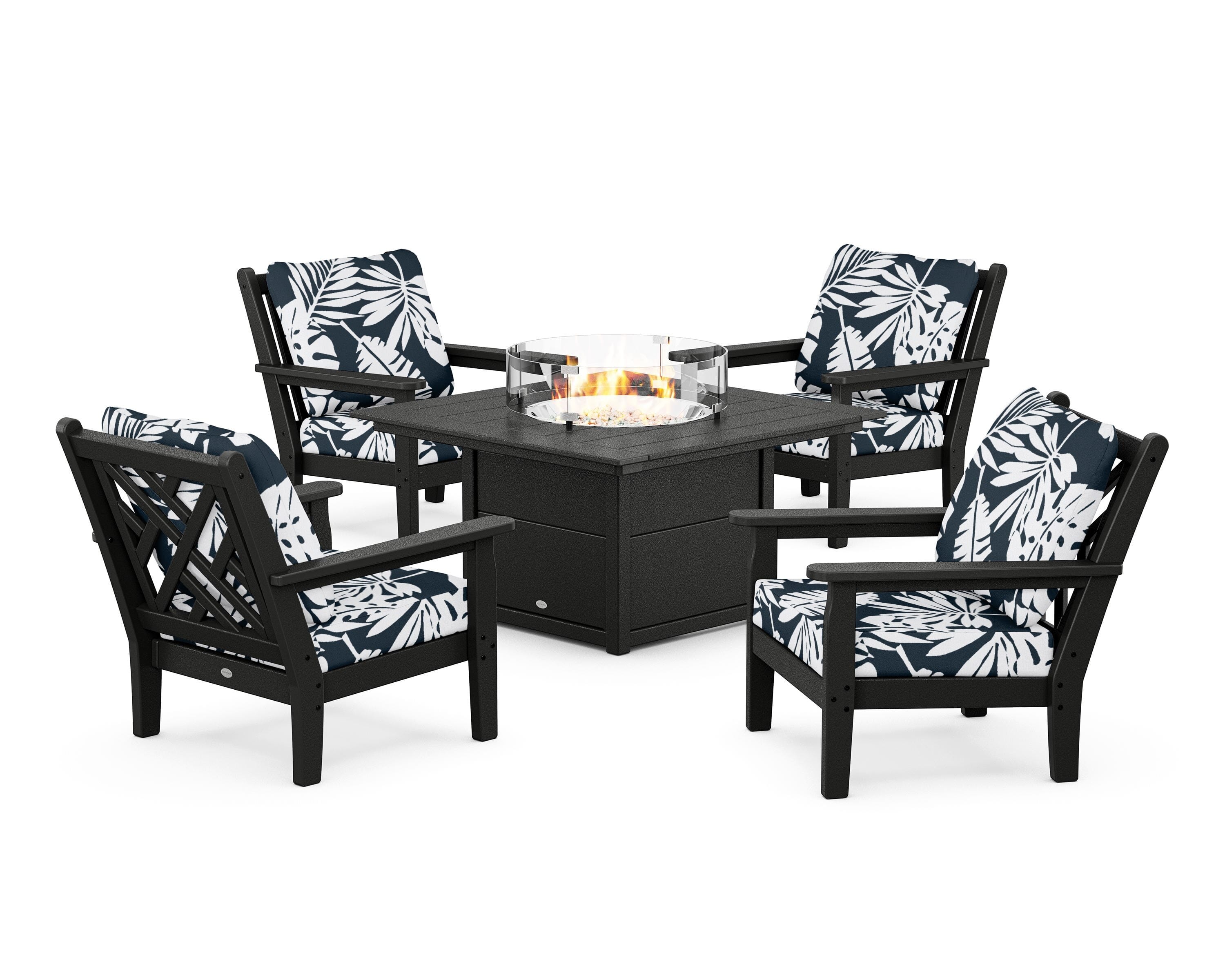 POLYWOOD® Chippendale 5-Piece Deep Seating Set with Fire Pit Table in Black / Leaf Marine Indigo