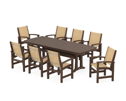 POLYWOOD® Coastal 9-Piece Dining Set with Trestle Legs in Mahogany / Dupioni Apricot Sling