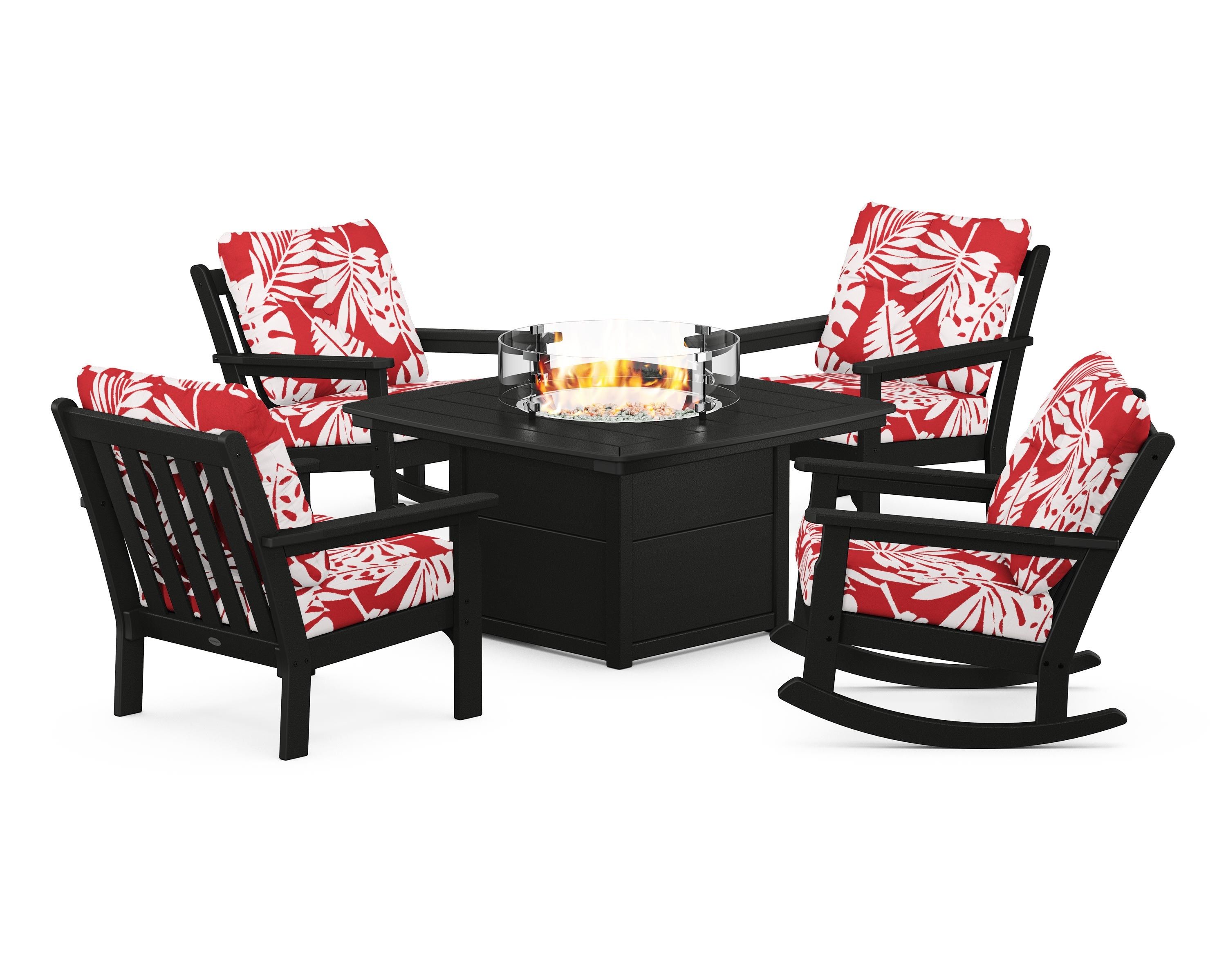 POLYWOOD® Vineyard 5-Piece Deep Seating Rocking Chair Conversation Set with Fire Pit Table in Black / Leaf Crimson