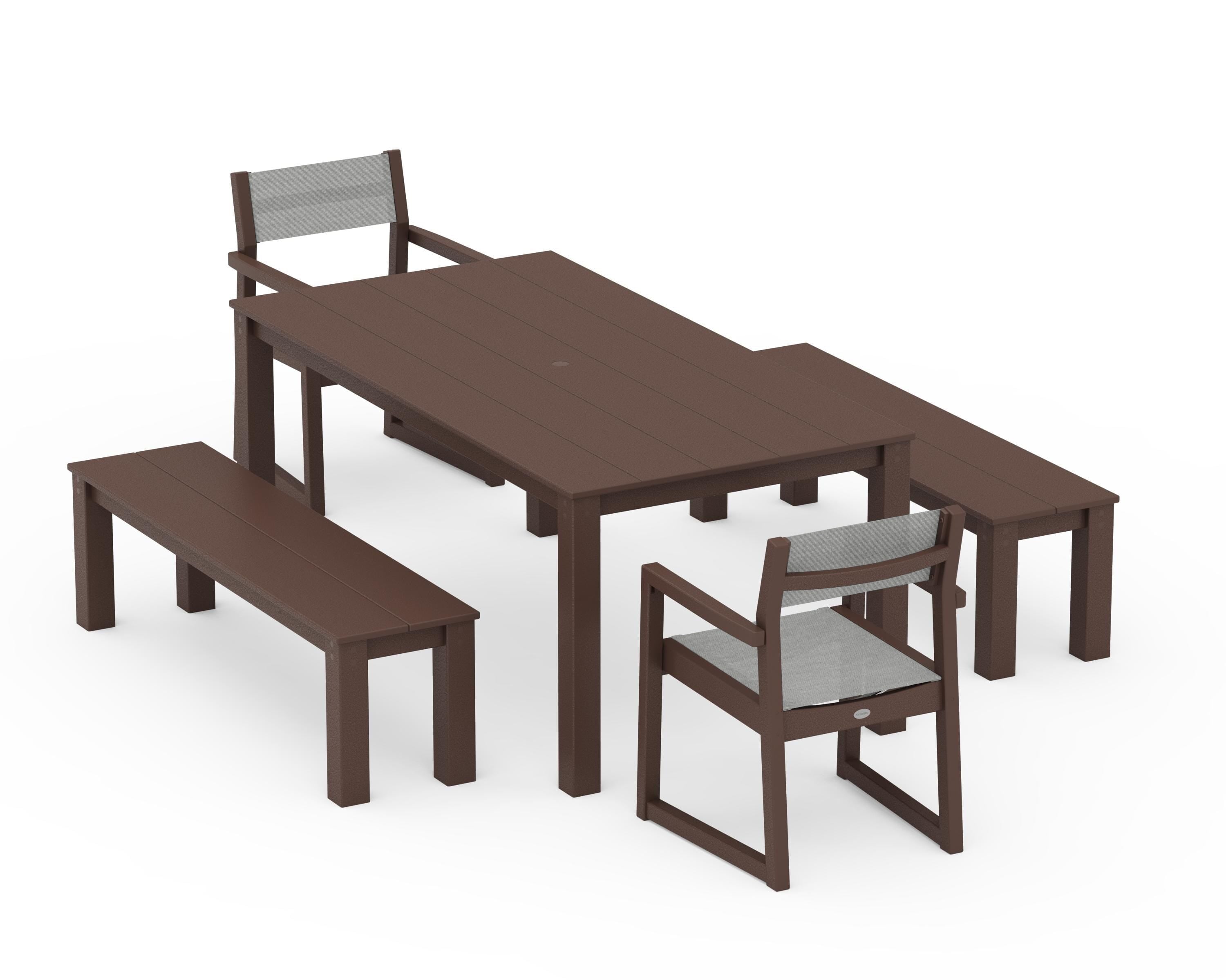 POLYWOOD® EDGE Sling Arm Chair 5-Piece Parsons Dining Set with Benches in Mahogany / Metallic Sling