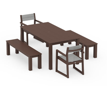 POLYWOOD® EDGE Sling Arm Chair 5-Piece Parsons Dining Set with Benches in Mahogany / Metallic Sling