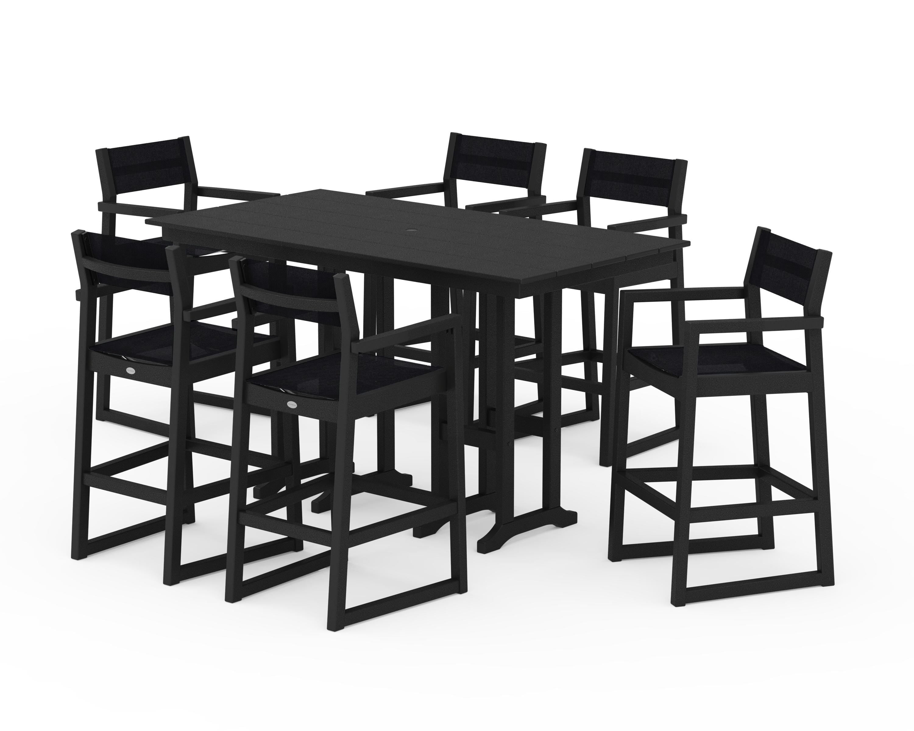 POLYWOOD® EDGE Sling Arm Chair 7-Piece Farmhouse Bar Set in Black / Black Sling