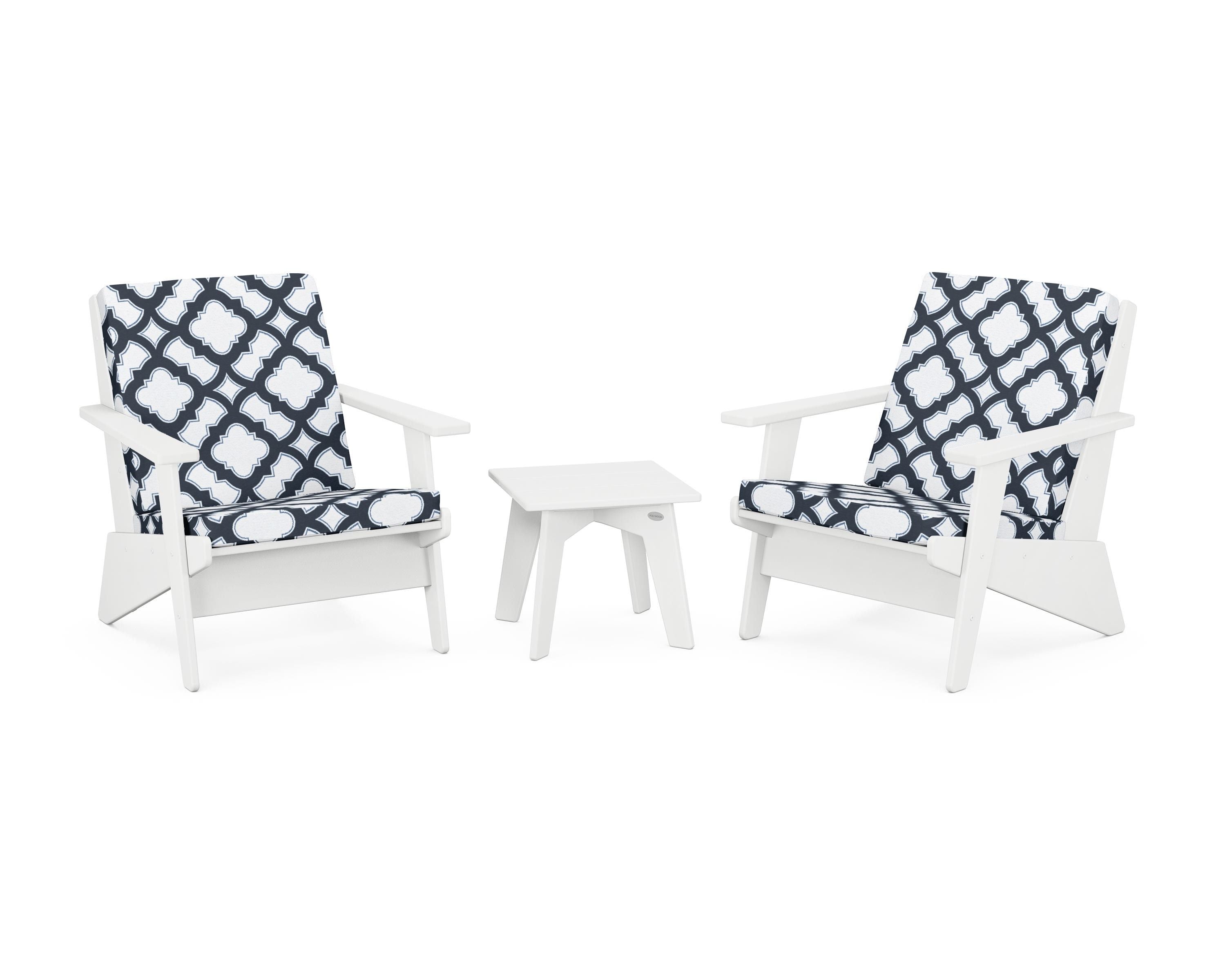 POLYWOOD® Riviera Modern Lounge 3-Piece Set in White / Trellis Marine Indigo