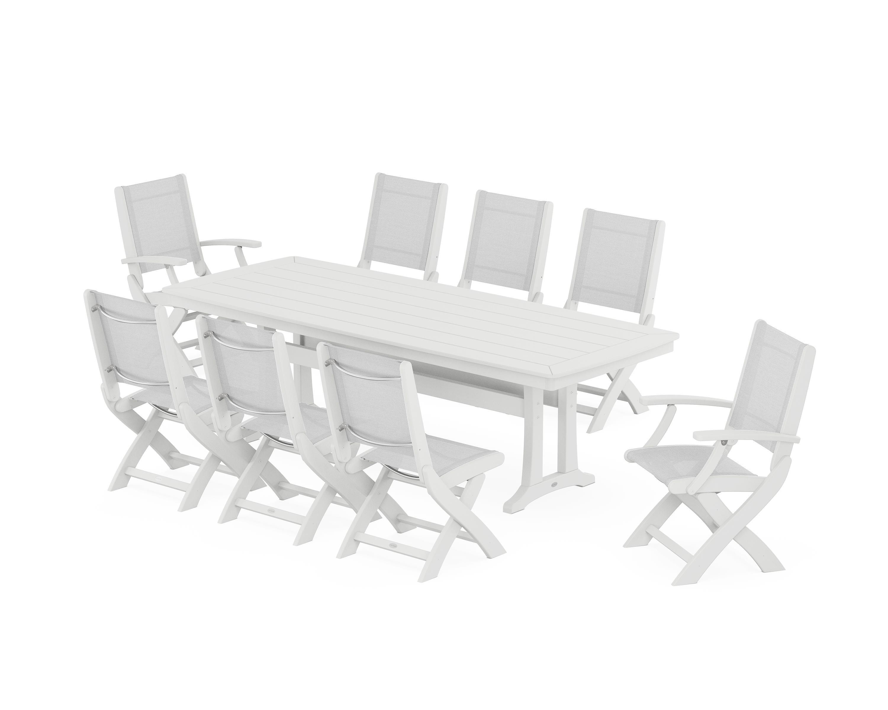 POLYWOOD® Coastal Folding 9-Piece Dining Set with Trestle Legs in White / White Sling