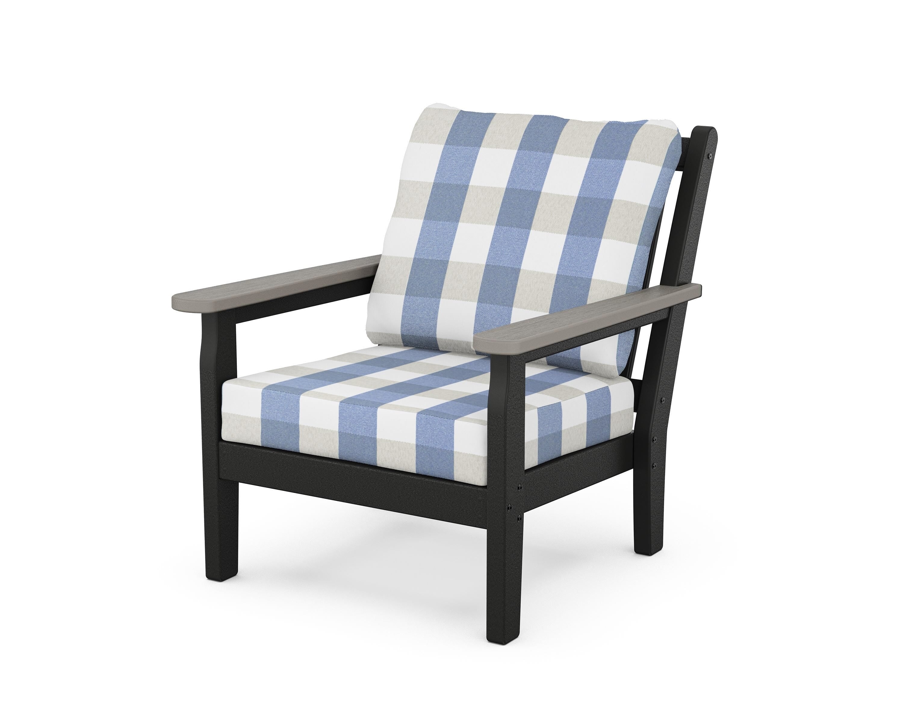 POLYWOOD® Chippendale Deep Seating Chair in Black / Driftwood / Buffalo Plaid Sky Blue