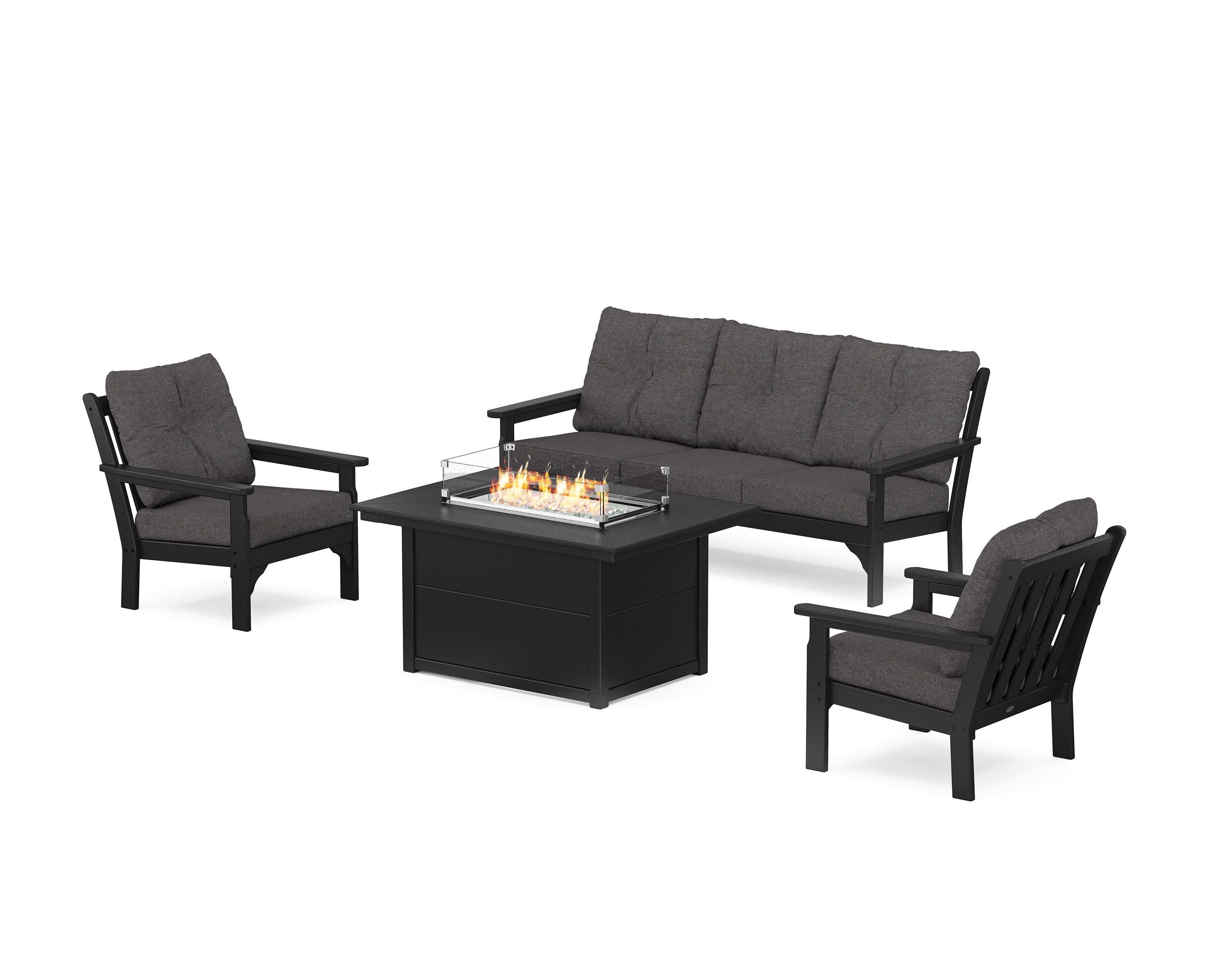 POLYWOOD® Vineyard Deep Seating Fire Pit Table Set in Black / Ash Charcoal