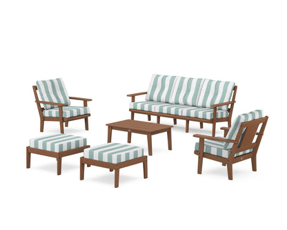 POLYWOOD® Prairie 6-Piece Lounge Sofa Set in Teak / Cabana Stripe Glacier Spa