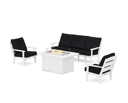 POLYWOOD® Lakeside Deep Seating Fire Pit Table Set in White / Midnight Linen