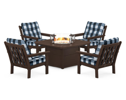 POLYWOOD® Vineyard 5-Piece Conversation Set with Fire Pit Table in Mahogany / Buffalo Plaid Marine Indigo