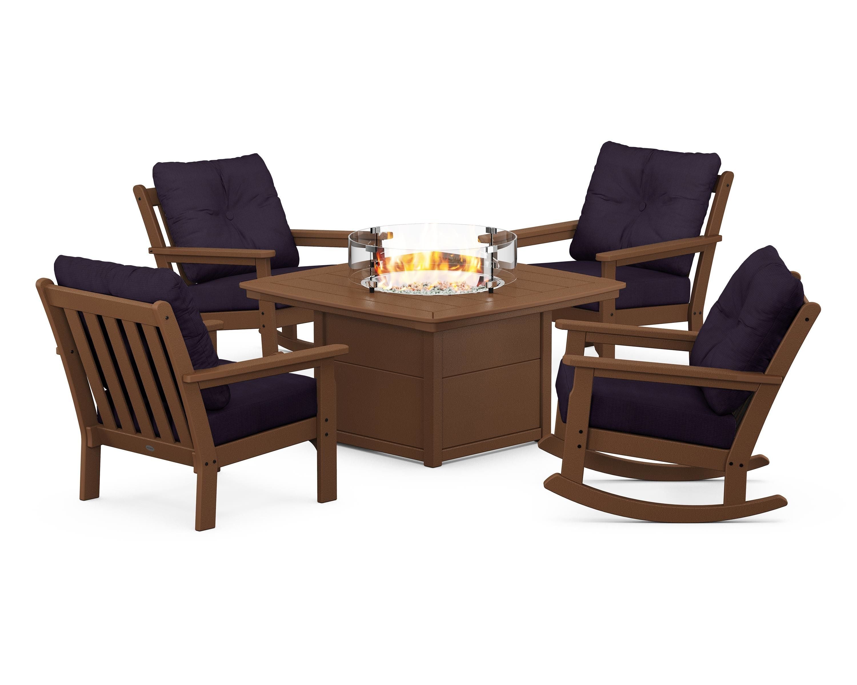POLYWOOD® Vineyard 5-Piece Deep Seating Rocking Chair Conversation Set with Fire Pit Table in Teak / Navy Linen