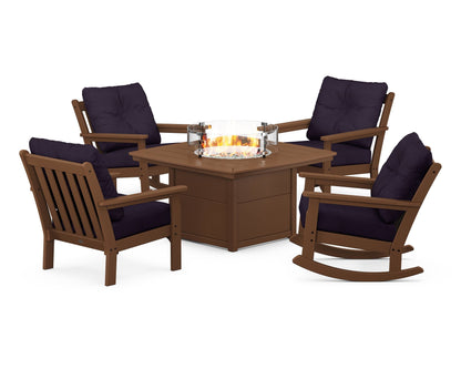 POLYWOOD® Vineyard 5-Piece Deep Seating Rocking Chair Conversation Set with Fire Pit Table in Teak / Navy Linen
