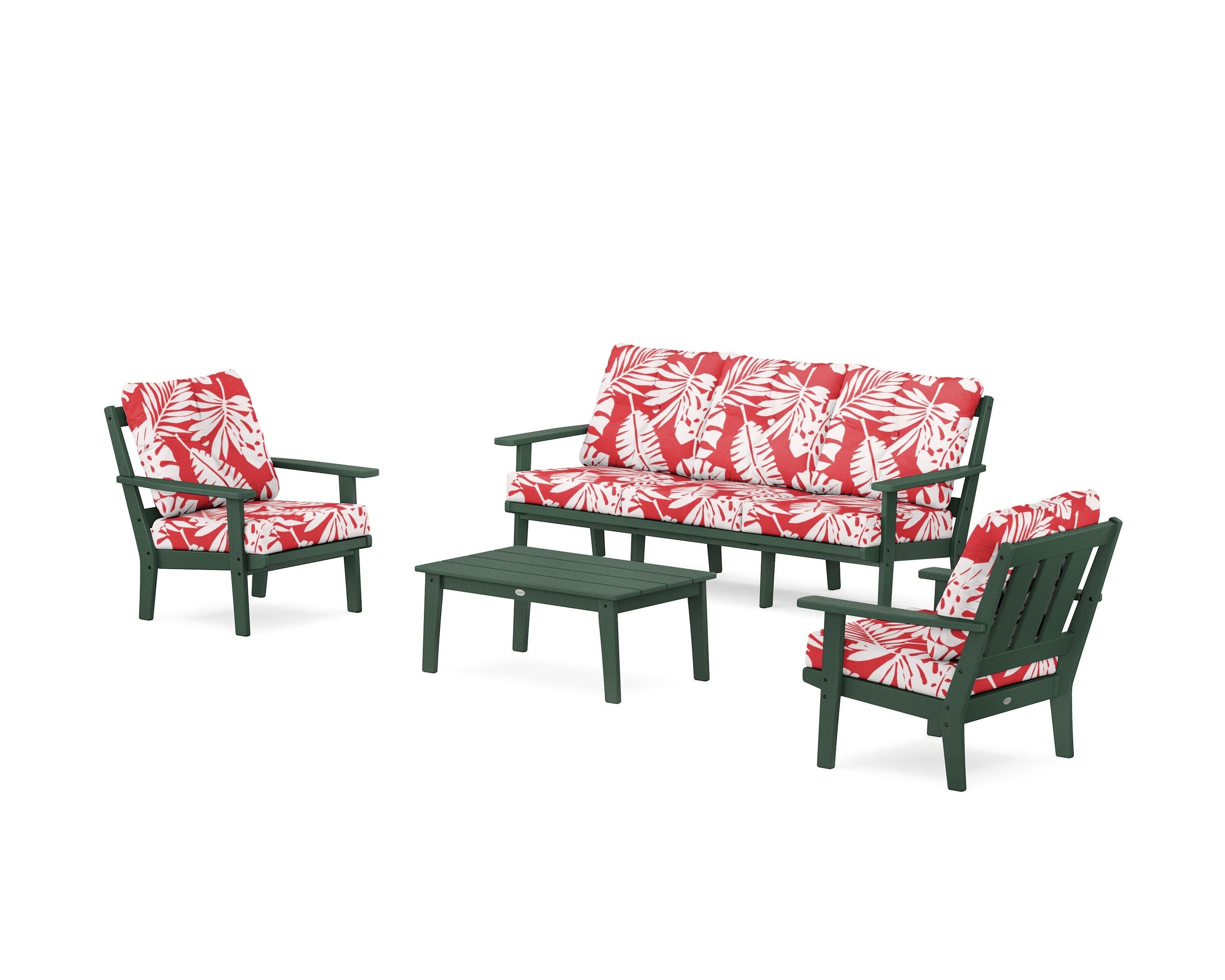 POLYWOOD® Oxford 4-Piece Deep Seating Set with Sofa in Green / Leaf Crimson